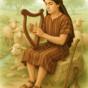 Bijbelse plaat David speelt op de harp
