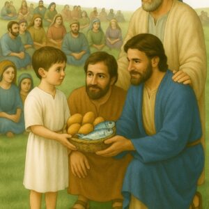 Jongen met 5 broden en 2 vissen