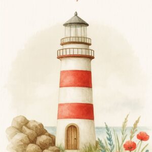 Ansichtkaart met vuurtoren en tekst Uw Woord is een lamp voor mijn voet.