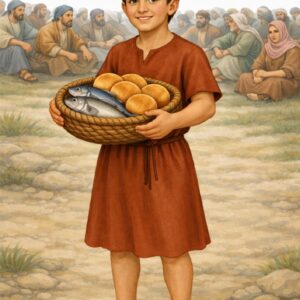 Jongen met 5 broden en 2 vissen